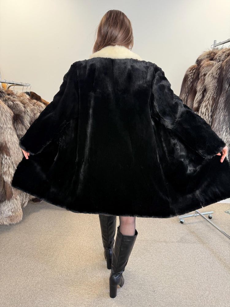 Sheared Rabbit Fur Coat, Mink Fur Collar, Medium Size, Black Rabbit Fur Coat, Thick Fur Coat, Soft Fur Coat, Vintage Fur Coat, Women's Coat
