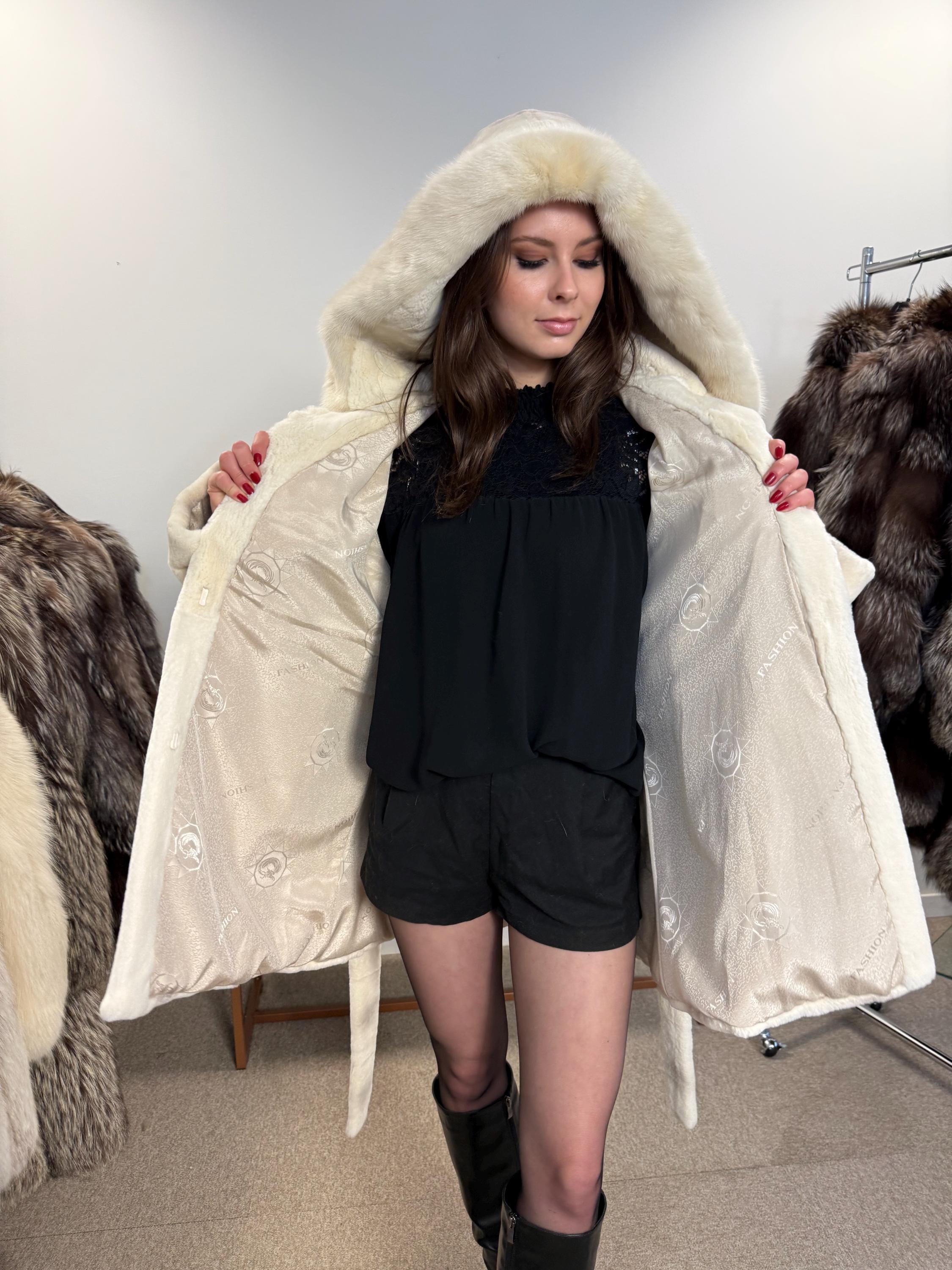 Sheared Rex Rabbit with Mink Fur Coat, Large Size, White Rabbit Fur Coat, White Mink Fur Coat, Vintage Fur Coat, Women's Coat, New Fur Coat