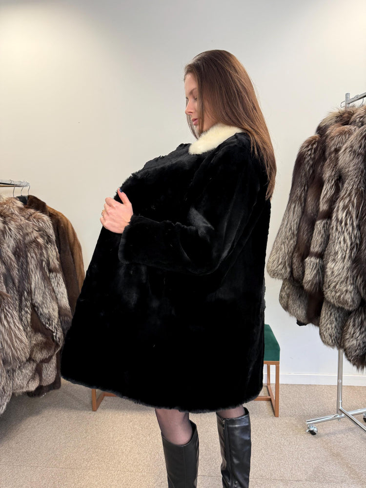 Sheared Rabbit Fur Coat, Mink Fur Collar, Medium Size, Black Rabbit Fur Coat, Thick Fur Coat, Soft Fur Coat, Vintage Fur Coat, Women's Coat