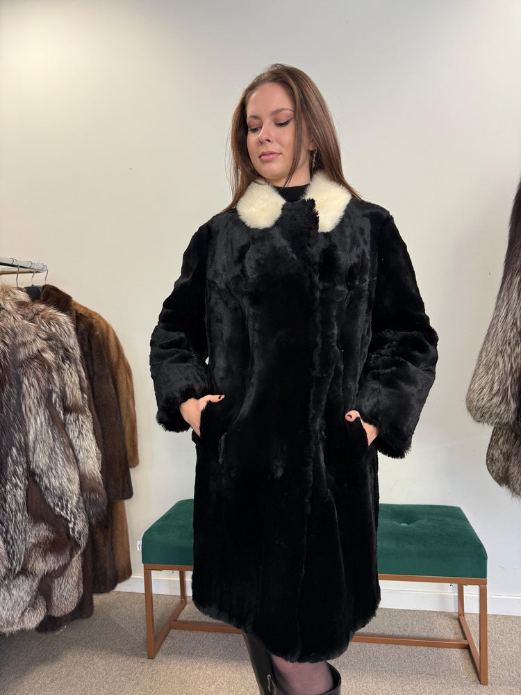 Sheared Rabbit Fur Coat, Mink Fur Collar, Medium Size, Black Rabbit Fur Coat, Thick Fur Coat, Soft Fur Coat, Vintage Fur Coat, Women's Coat