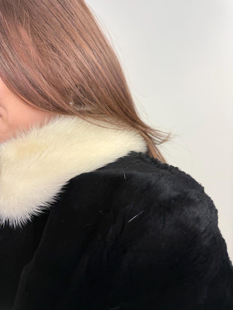 Sheared Rabbit Fur Coat, Mink Fur Collar, Medium Size, Black Rabbit Fur Coat, Thick Fur Coat, Soft Fur Coat, Vintage Fur Coat, Women's Coat