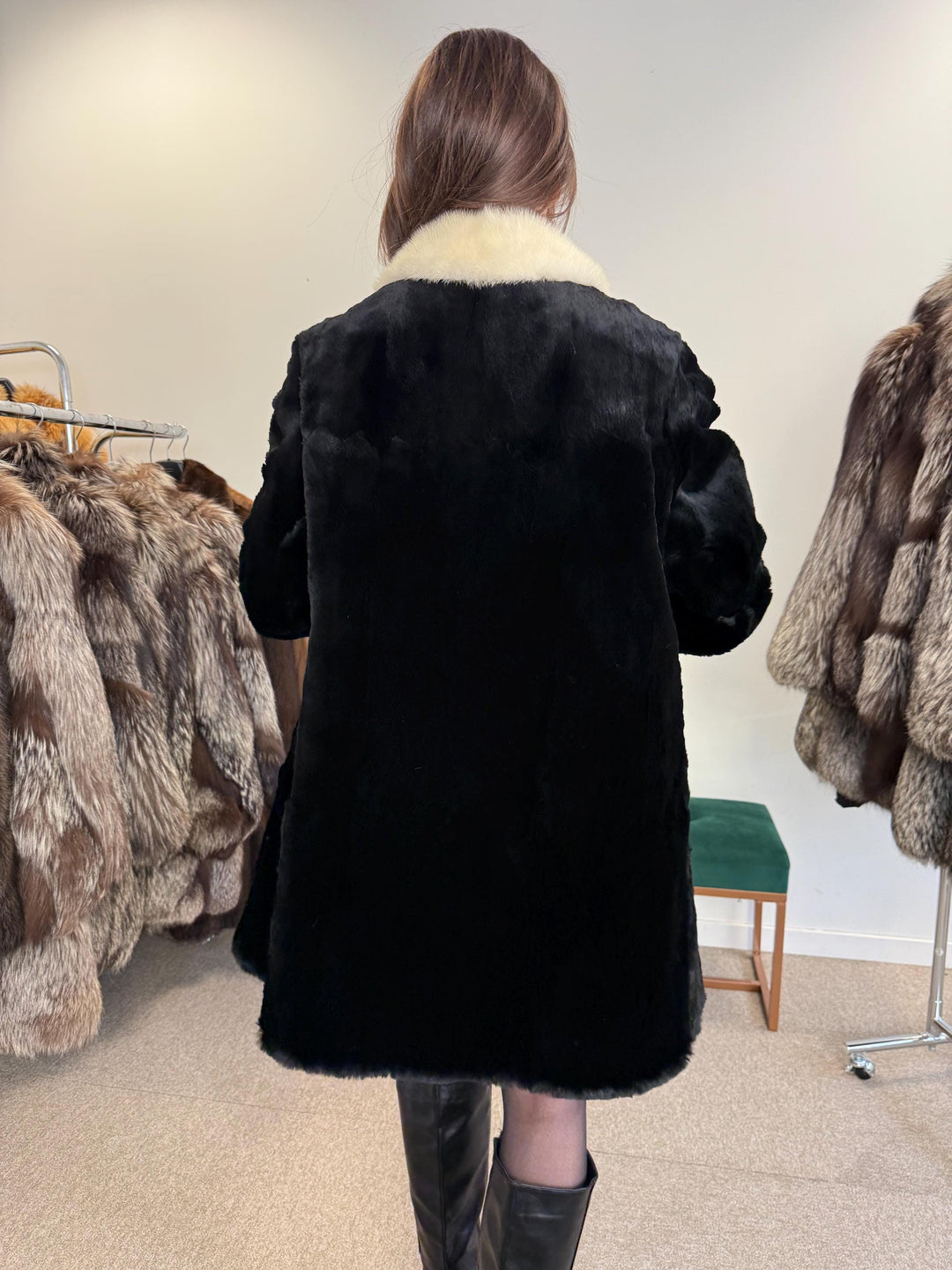 Sheared Rabbit Fur Coat, Mink Fur Collar, Medium Size, Black Rabbit Fur Coat, Thick Fur Coat, Soft Fur Coat, Vintage Fur Coat, Women's Coat