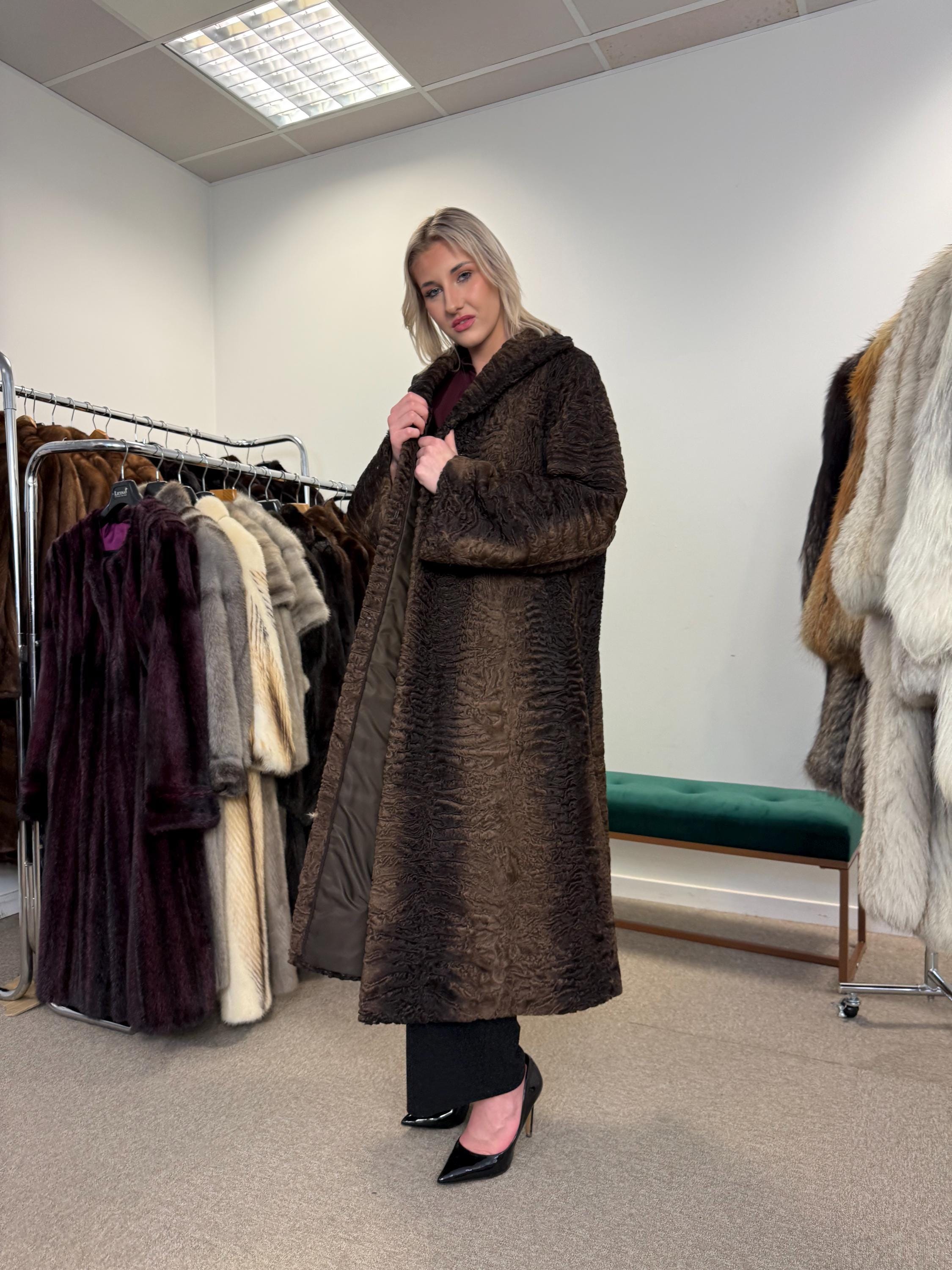 Swakara Astrakhan Fur Coat, XXL Size, Real Fur Coat, Astrakhan Fur Coat, Long Fur Coat, Vintage Fur Coat, Thick Fur Coat, Brown Fur Coat