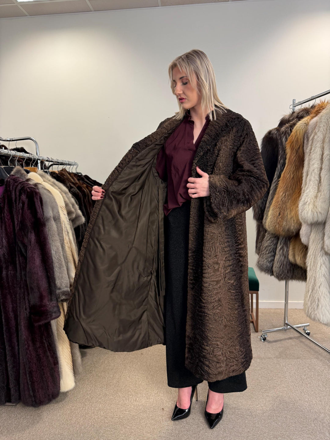 Swakara Astrakhan Fur Coat, XXL Size, Real Fur Coat, Astrakhan Fur Coat, Long Fur Coat, Vintage Fur Coat, Thick Fur Coat, Brown Fur Coat