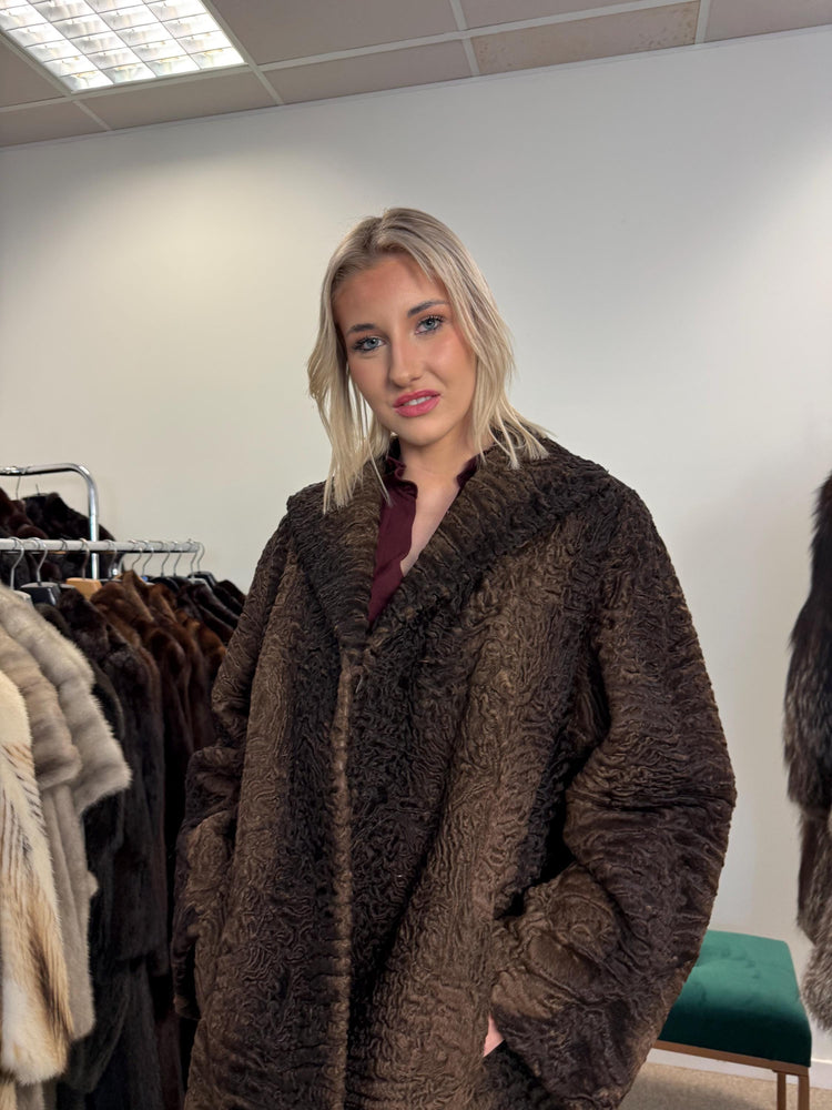 Swakara Astrakhan Fur Coat, XXL Size, Real Fur Coat, Astrakhan Fur Coat, Long Fur Coat, Vintage Fur Coat, Thick Fur Coat, Brown Fur Coat