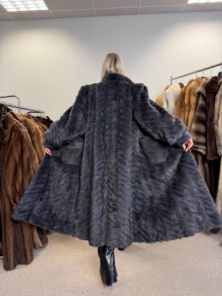 Dyed Mink & Rabbit Fur Coat, XXL Size, Blue Fur Coat, Vintage Fur Coat, Real Fur Coat, Long Fur Coat, Women's Fur Coat, Rabbit Fur Coat