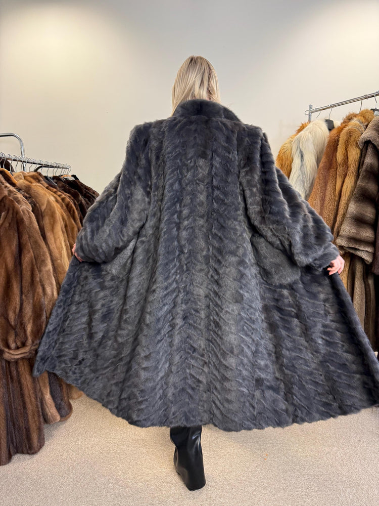 Dyed Mink & Rabbit Fur Coat, XXL Size, Blue Fur Coat, Vintage Fur Coat, Real Fur Coat, Long Fur Coat, Women's Fur Coat, Rabbit Fur Coat