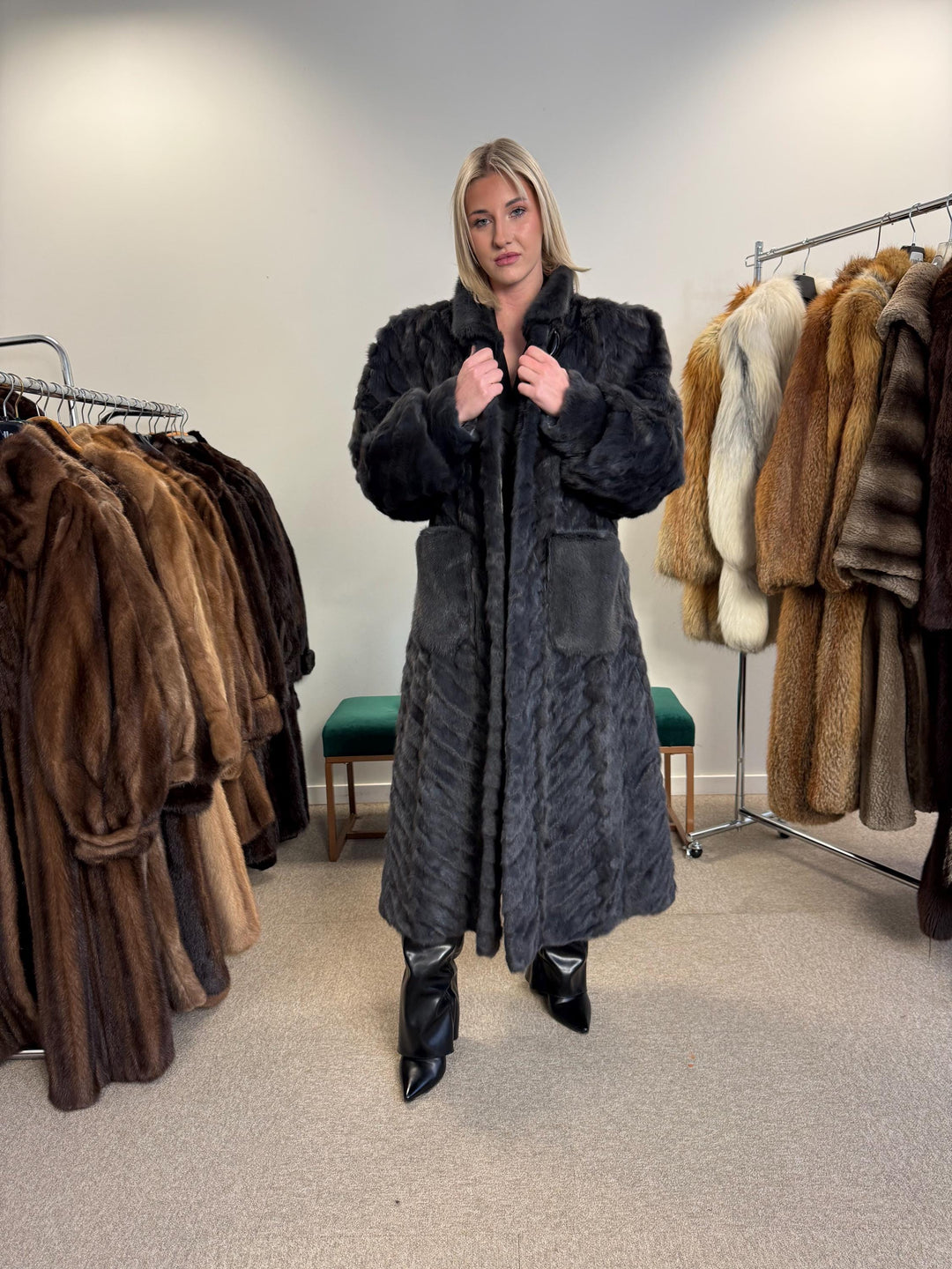 Dyed Mink & Rabbit Fur Coat, XXL Size, Blue Fur Coat, Vintage Fur Coat, Real Fur Coat, Long Fur Coat, Women's Fur Coat, Rabbit Fur Coat