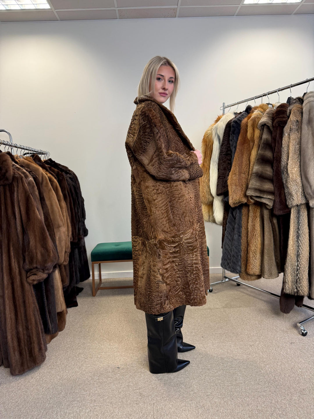 Green Astrakhan Leather Coat, S Size, Double Sided Coat, Vintage Fur Coat, Real Fur Coat, Fur Leather Coat, Womens Fur Coat, Astrakhan Fur