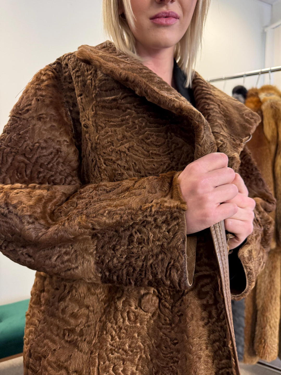 Green Astrakhan Leather Coat, S Size, Double Sided Coat, Vintage Fur Coat, Real Fur Coat, Fur Leather Coat, Womens Fur Coat, Astrakhan Fur