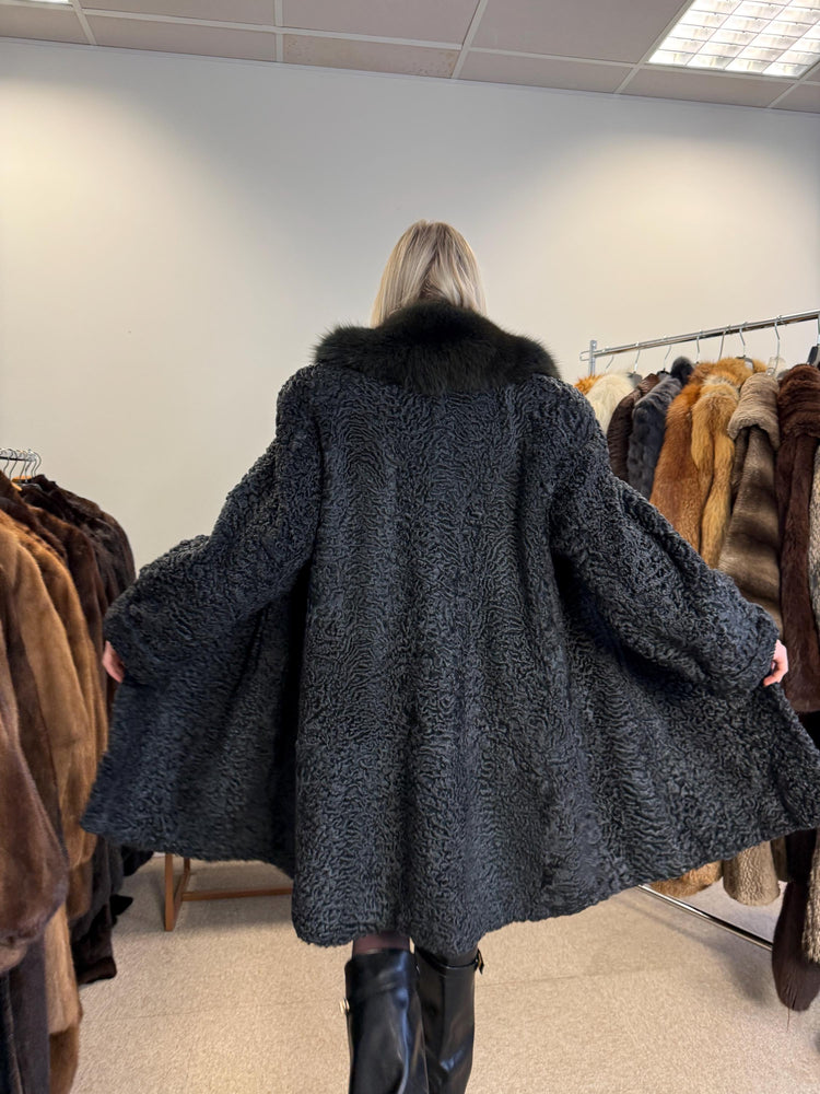 Astrakhan with Fox Fur Collar Coat, Medium Size, Real Fur Coat, Black Astrakhan Fur Coat, Vintage Fur Coat, Black Fur Coat, Fox Fur Collar