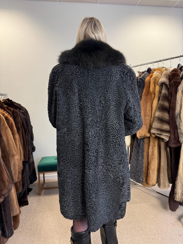 Astrakhan with Fox Fur Collar Coat, Medium Size, Real Fur Coat, Black Astrakhan Fur Coat, Vintage Fur Coat, Black Fur Coat, Fox Fur Collar