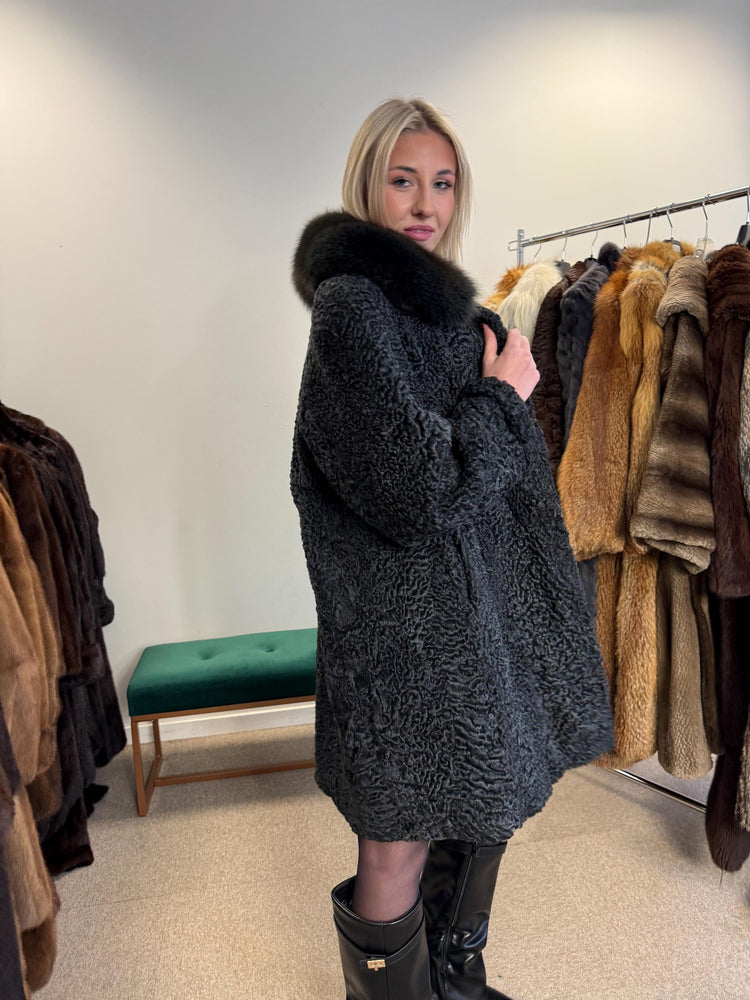 Astrakhan with Fox Fur Collar Coat, Medium Size, Real Fur Coat, Black Astrakhan Fur Coat, Vintage Fur Coat, Black Fur Coat, Fox Fur Collar