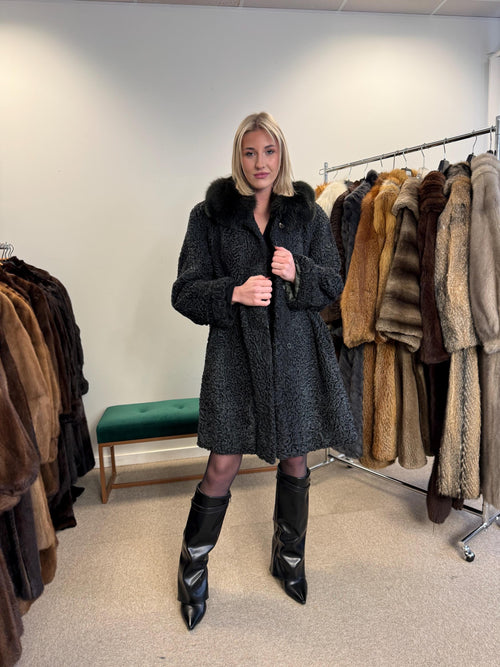 Astrakhan with Fox Fur Collar Coat, Medium Size, Real Fur Coat, Black Astrakhan Fur Coat, Vintage Fur Coat, Black Fur Coat, Fox Fur Collar