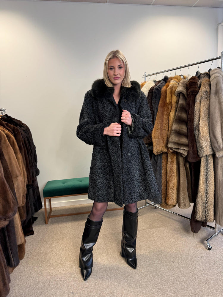 Astrakhan with Fox Fur Collar Coat, Medium Size, Real Fur Coat, Black Astrakhan Fur Coat, Vintage Fur Coat, Black Fur Coat, Fox Fur Collar
