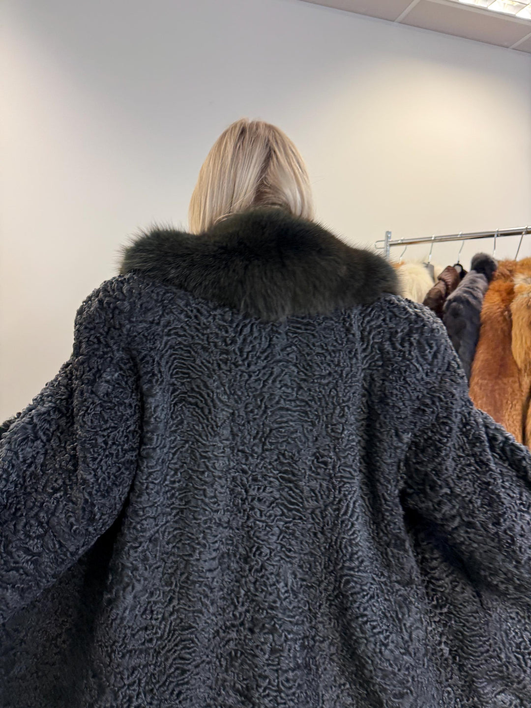 Astrakhan with Fox Fur Collar Coat, Medium Size, Real Fur Coat, Black Astrakhan Fur Coat, Vintage Fur Coat, Black Fur Coat, Fox Fur Collar