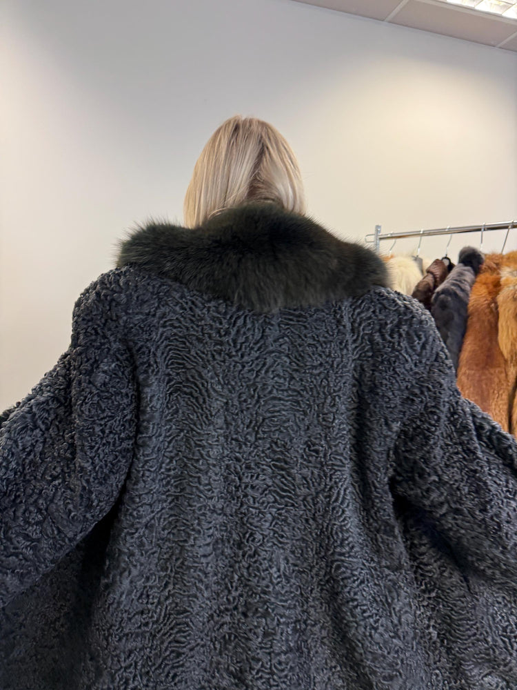 Astrakhan with Fox Fur Collar Coat, Medium Size, Real Fur Coat, Black Astrakhan Fur Coat, Vintage Fur Coat, Black Fur Coat, Fox Fur Collar