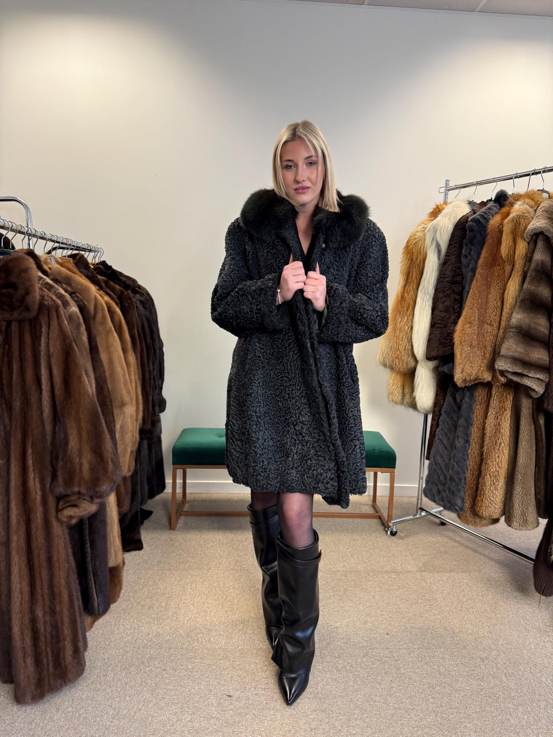 Astrakhan with Fox Fur Collar Coat, Medium Size, Real Fur Coat, Black Astrakhan Fur Coat, Vintage Fur Coat, Black Fur Coat, Fox Fur Collar