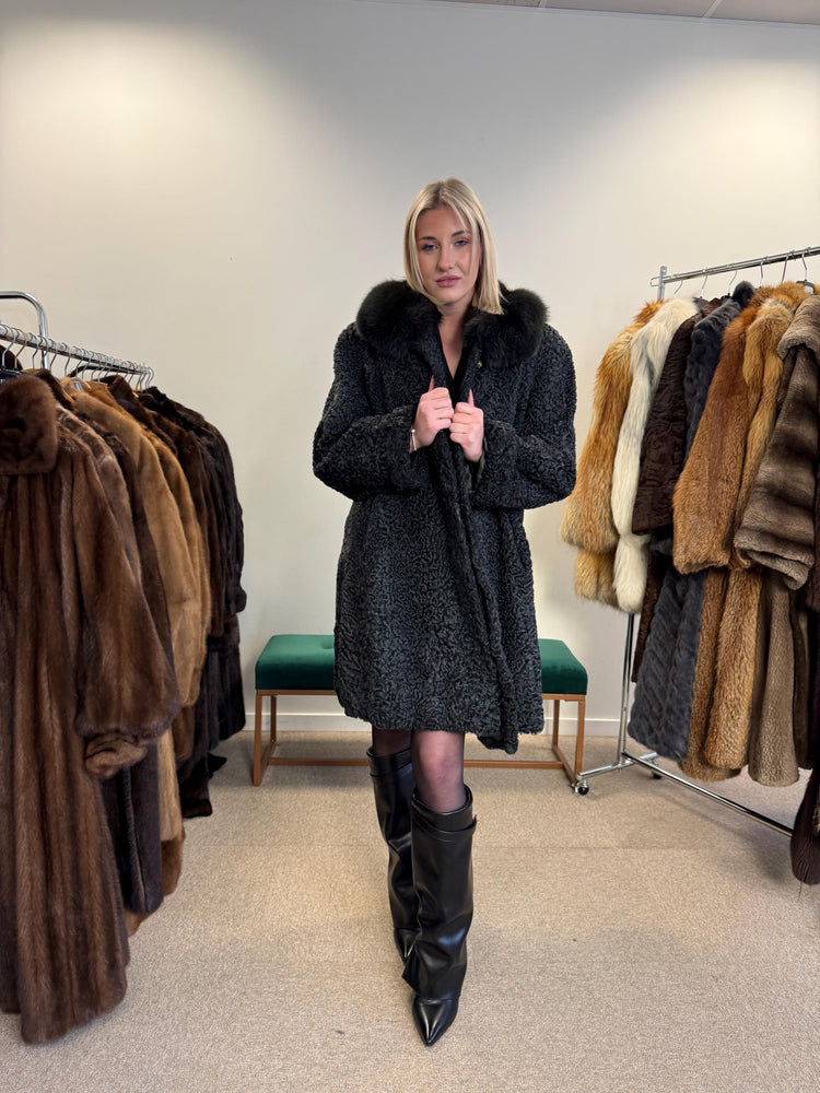Astrakhan with Fox Fur Collar Coat, Medium Size, Real Fur Coat, Black Astrakhan Fur Coat, Vintage Fur Coat, Black Fur Coat, Fox Fur Collar
