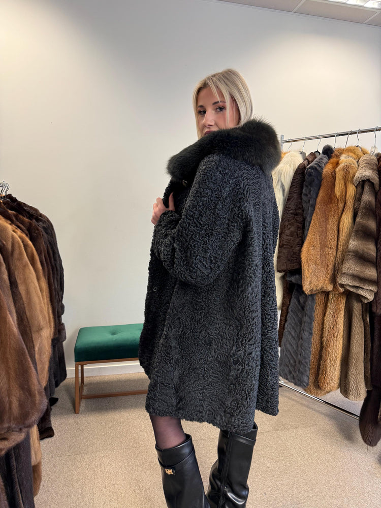 Astrakhan with Fox Fur Collar Coat, Medium Size, Real Fur Coat, Black Astrakhan Fur Coat, Vintage Fur Coat, Black Fur Coat, Fox Fur Collar