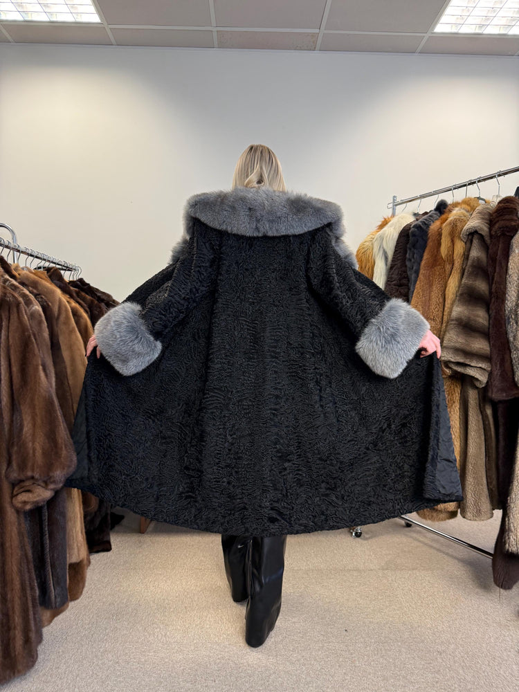 Black Astrakhan with Fox Fur Coat, Medium Size, Real Fur Coat, Astrakhan Fur Coat, Vintage Fur Coat, Black Fur Coat, Grey Fox Coat, Fox Fur