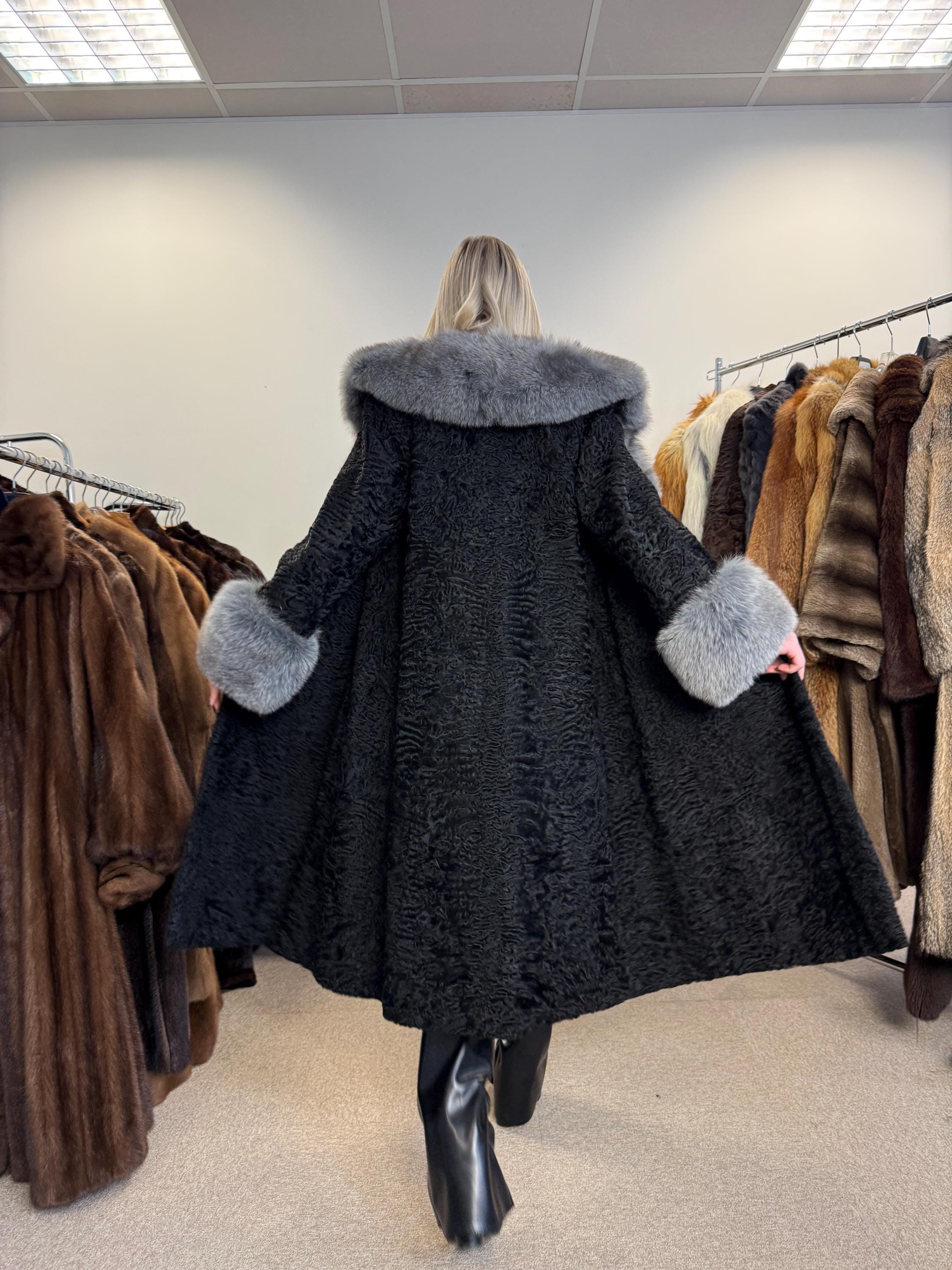 Black Astrakhan with Fox Fur Coat, Medium Size, Real Fur Coat, Astrakhan Fur Coat, Vintage Fur Coat, Black Fur Coat, Grey Fox Coat, Fox Fur
