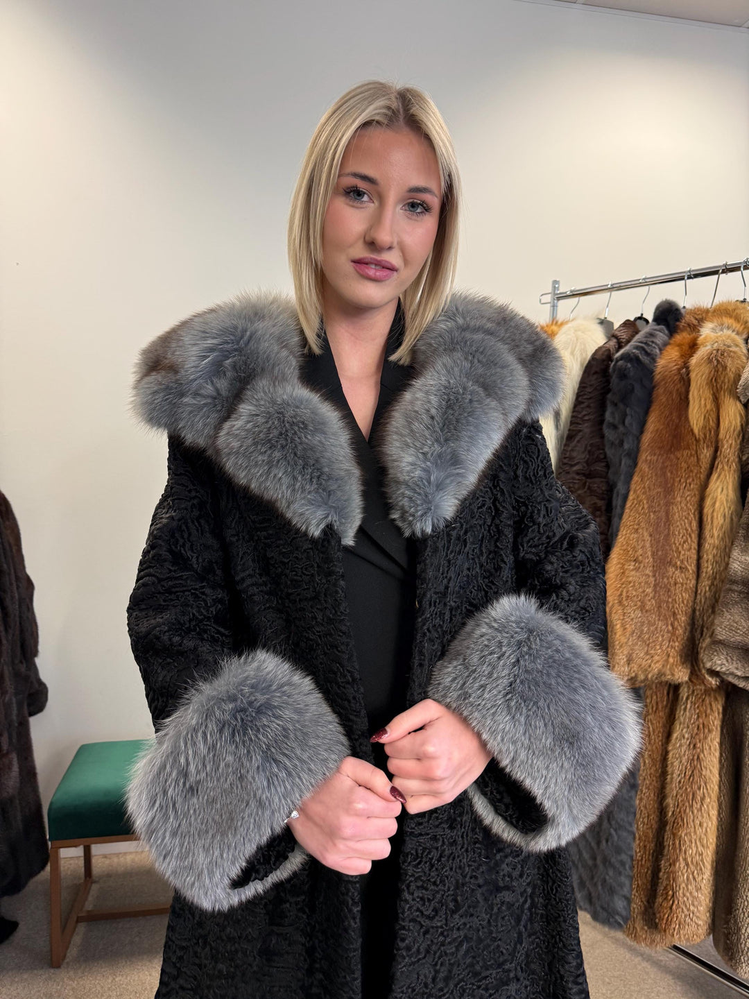 Black Astrakhan with Fox Fur Coat, Medium Size, Real Fur Coat, Astrakhan Fur Coat, Vintage Fur Coat, Black Fur Coat, Grey Fox Coat, Fox Fur