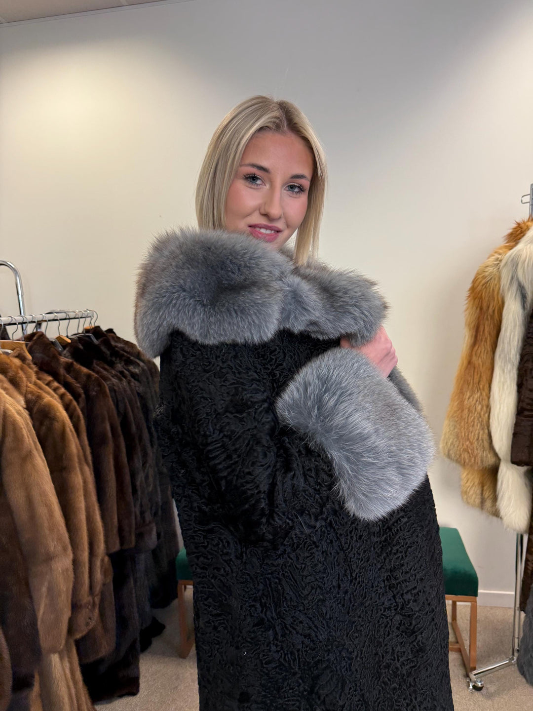 Black Astrakhan with Fox Fur Coat, Medium Size, Real Fur Coat, Astrakhan Fur Coat, Vintage Fur Coat, Black Fur Coat, Grey Fox Coat, Fox Fur