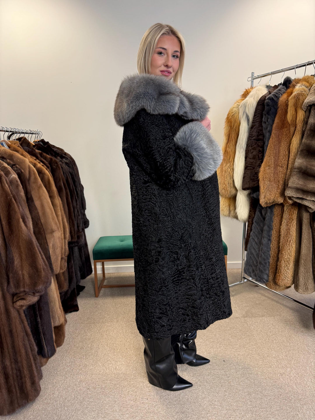 Black Astrakhan with Fox Fur Coat, Medium Size, Real Fur Coat, Astrakhan Fur Coat, Vintage Fur Coat, Black Fur Coat, Grey Fox Coat, Fox Fur
