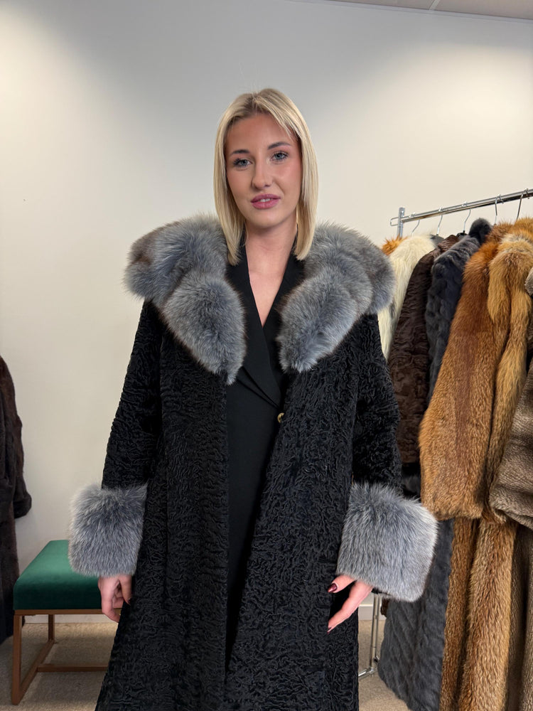 Black Astrakhan with Fox Fur Coat, Medium Size, Real Fur Coat, Astrakhan Fur Coat, Vintage Fur Coat, Black Fur Coat, Grey Fox Coat, Fox Fur