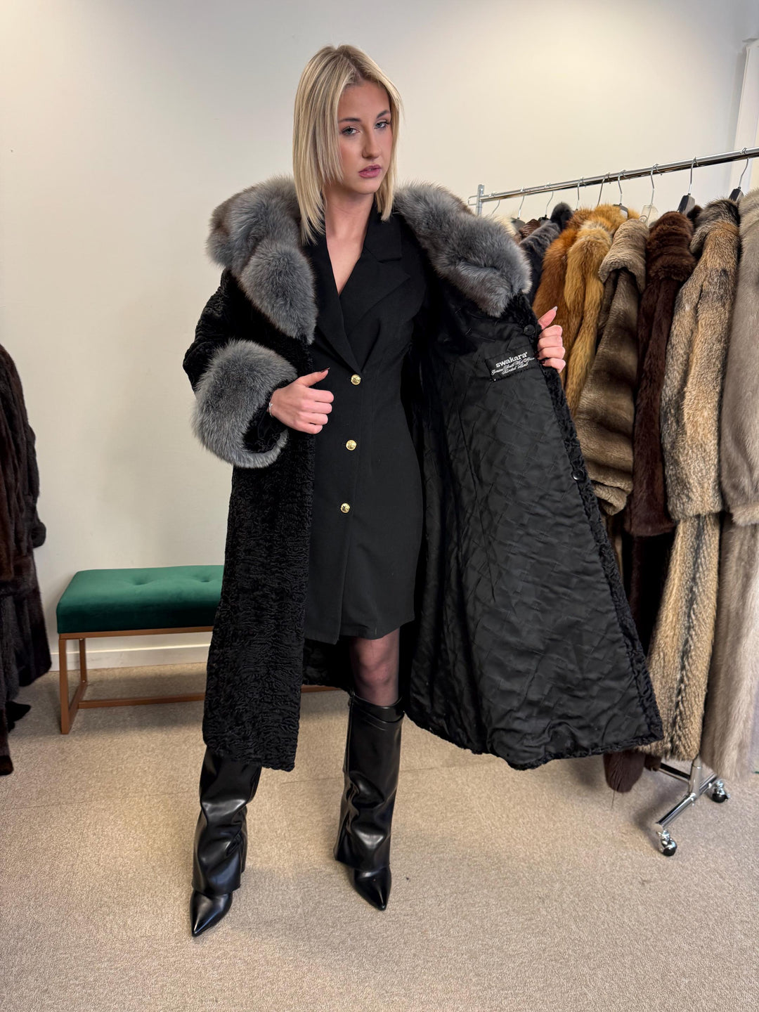 Black Astrakhan with Fox Fur Coat, Medium Size, Real Fur Coat, Astrakhan Fur Coat, Vintage Fur Coat, Black Fur Coat, Grey Fox Coat, Fox Fur