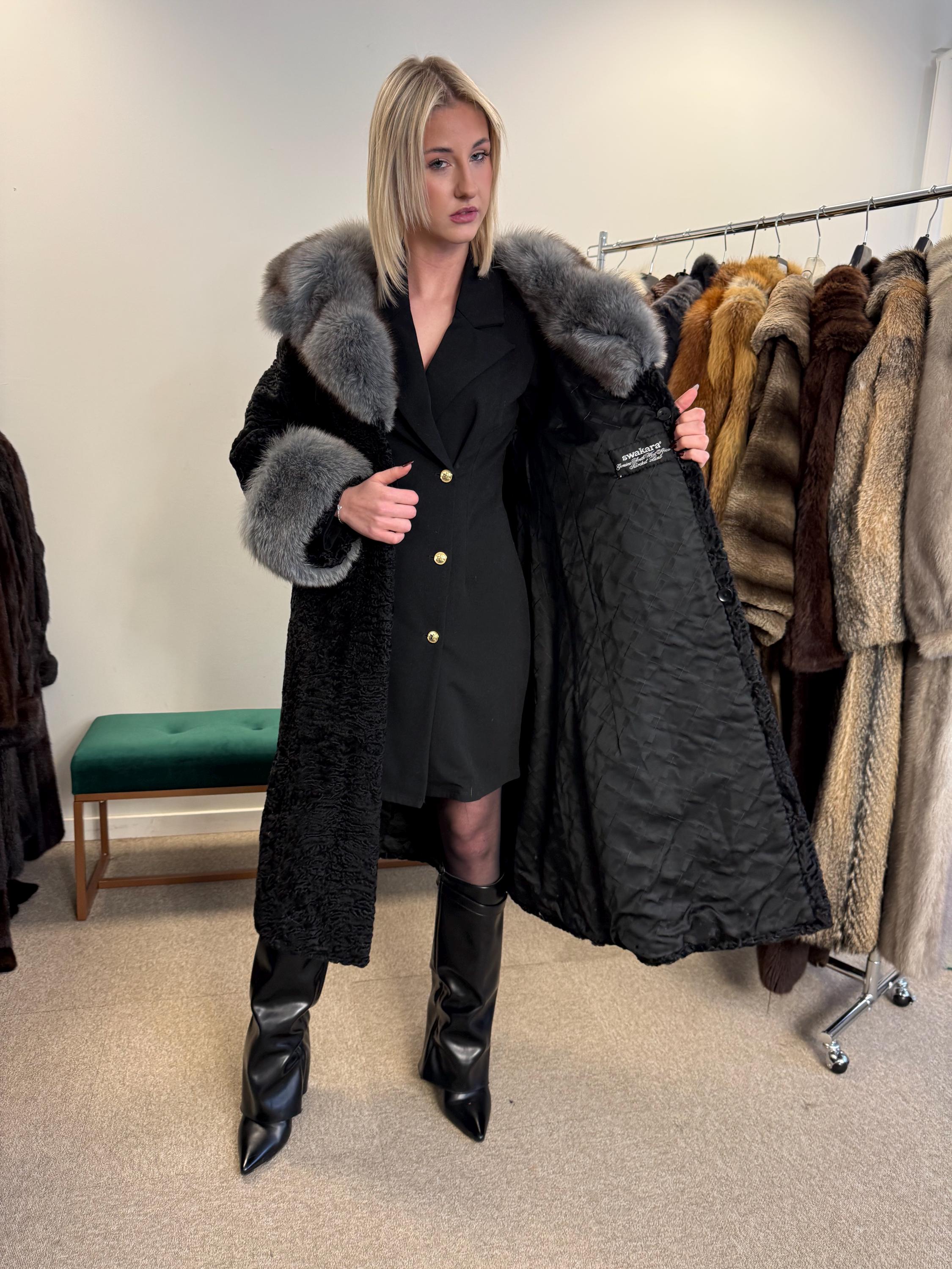 Black Astrakhan with Fox Fur Coat, Medium Size, Real Fur Coat, Astrakhan Fur Coat, Vintage Fur Coat, Black Fur Coat, Grey Fox Coat, Fox Fur