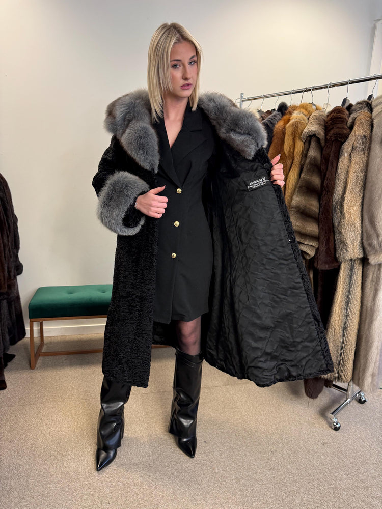Black Astrakhan with Fox Fur Coat, Medium Size, Real Fur Coat, Astrakhan Fur Coat, Vintage Fur Coat, Black Fur Coat, Grey Fox Coat, Fox Fur
