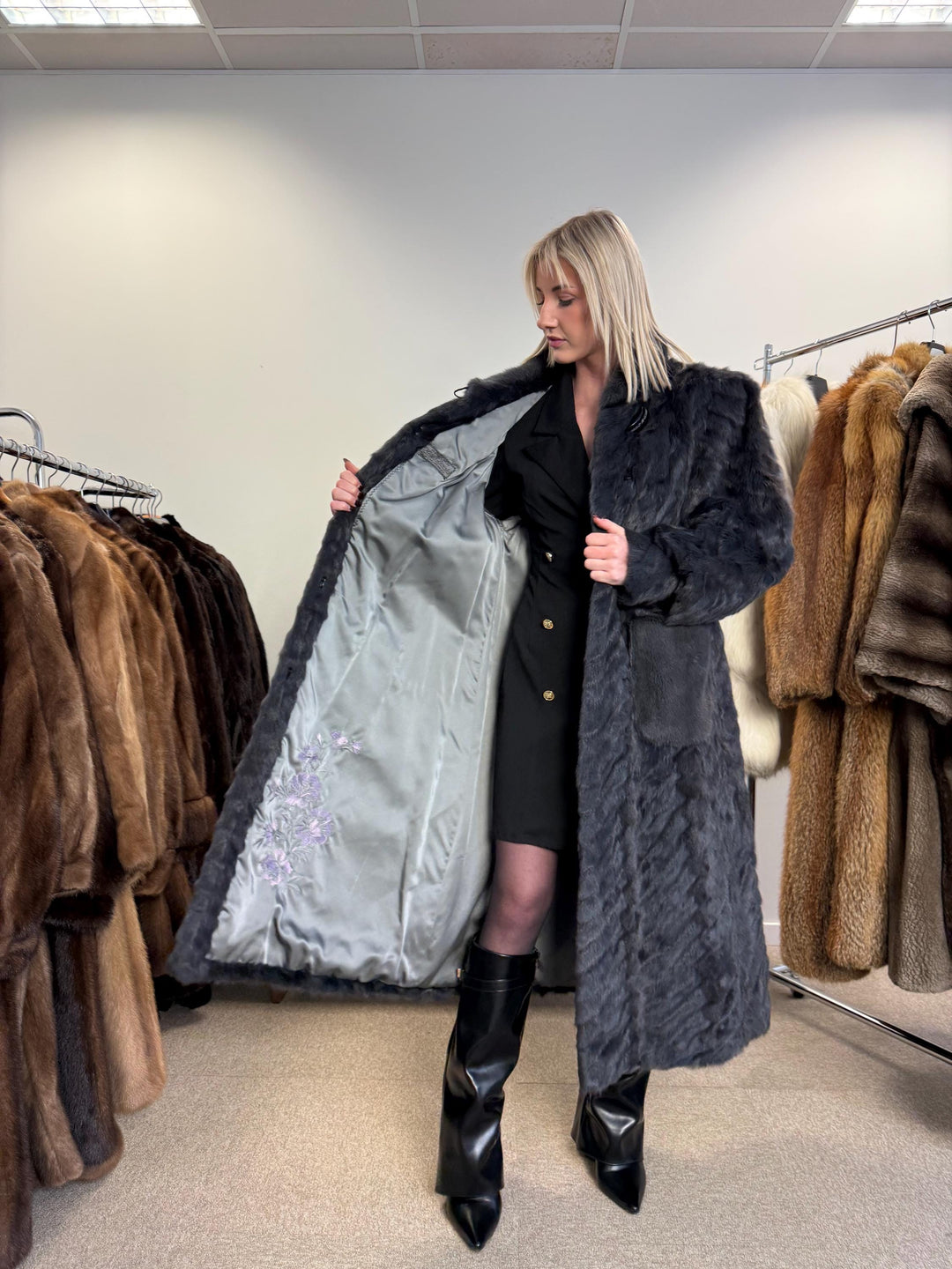 Dyed Mink & Rabbit Fur Coat, XXL Size, Blue Fur Coat, Vintage Fur Coat, Real Fur Coat, Long Fur Coat, Women's Fur Coat, Rabbit Fur Coat