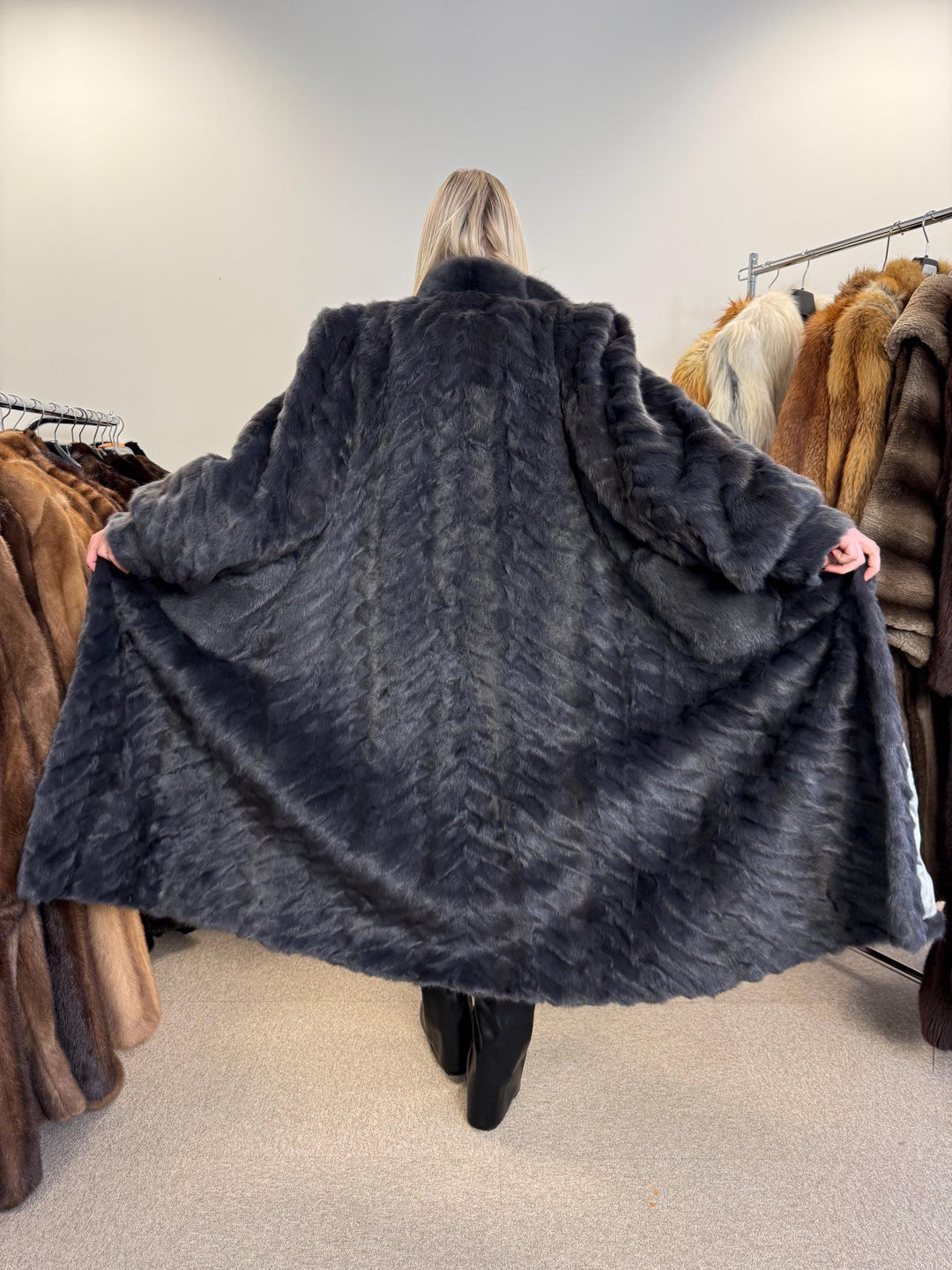 Dyed Mink & Rabbit Fur Coat, XXL Size, Blue Fur Coat, Vintage Fur Coat, Real Fur Coat, Long Fur Coat, Women's Fur Coat, Rabbit Fur Coat