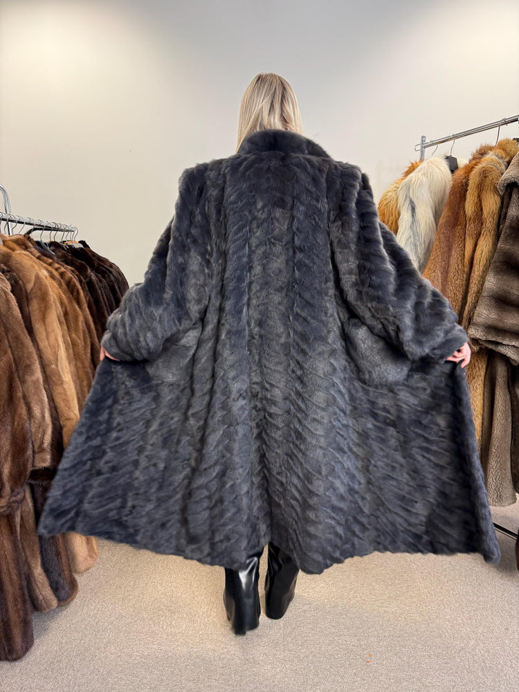 Dyed Mink & Rabbit Fur Coat, XXL Size, Blue Fur Coat, Vintage Fur Coat, Real Fur Coat, Long Fur Coat, Women's Fur Coat, Rabbit Fur Coat