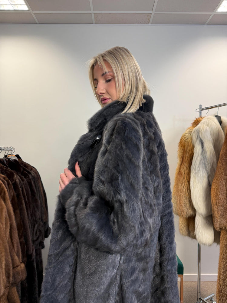 Dyed Mink & Rabbit Fur Coat, XXL Size, Blue Fur Coat, Vintage Fur Coat, Real Fur Coat, Long Fur Coat, Women's Fur Coat, Rabbit Fur Coat