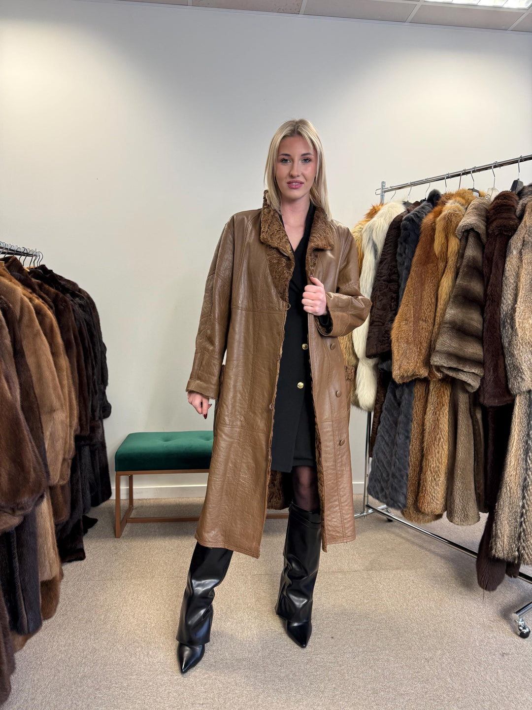 Green Astrakhan Leather Coat, S Size, Double Sided Coat, Vintage Fur Coat, Real Fur Coat, Fur Leather Coat, Womens Fur Coat, Astrakhan Fur