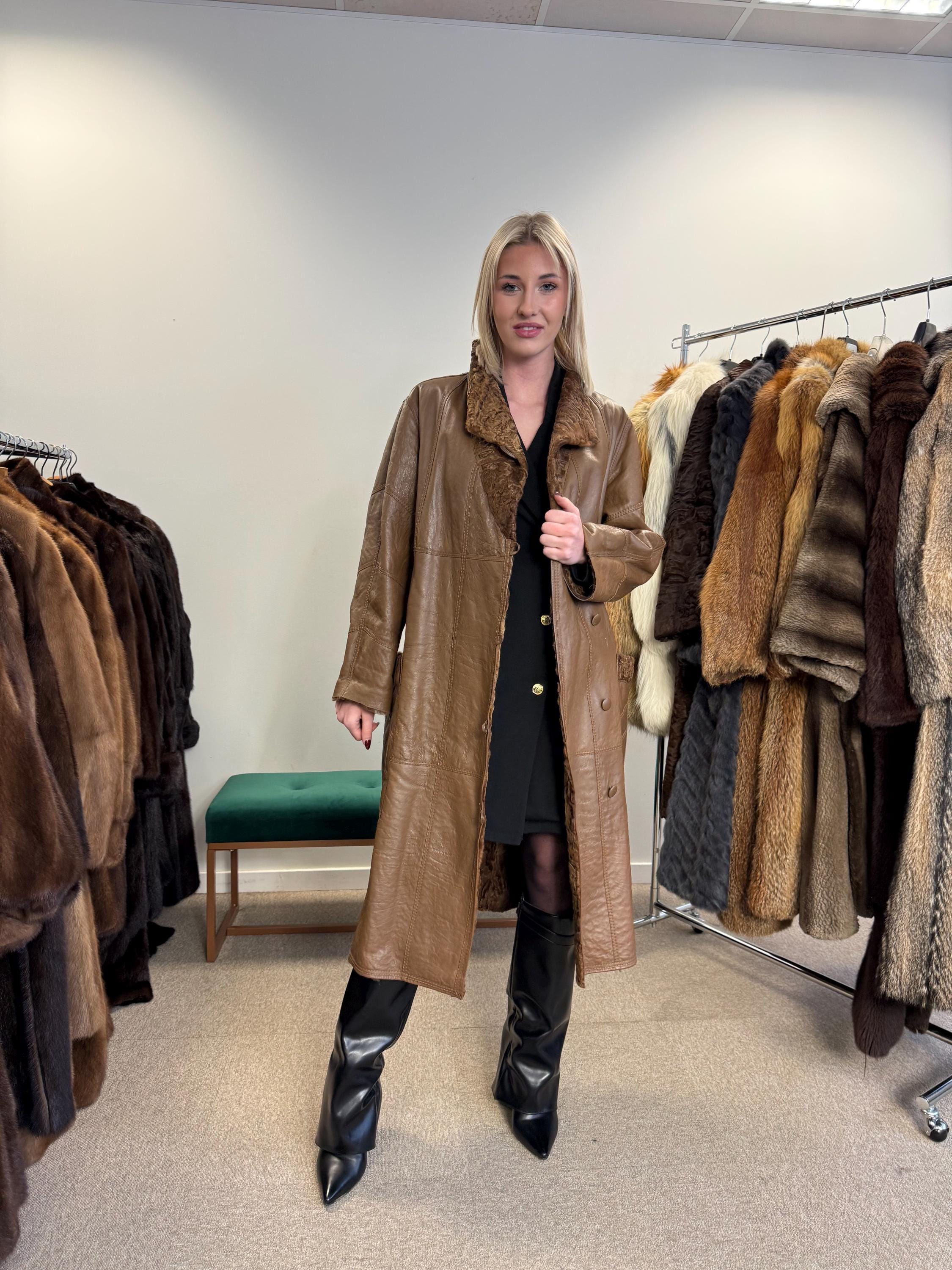 Green Astrakhan Leather Coat, S Size, Double Sided Coat, Vintage Fur Coat, Real Fur Coat, Fur Leather Coat, Womens Fur Coat, Astrakhan Fur