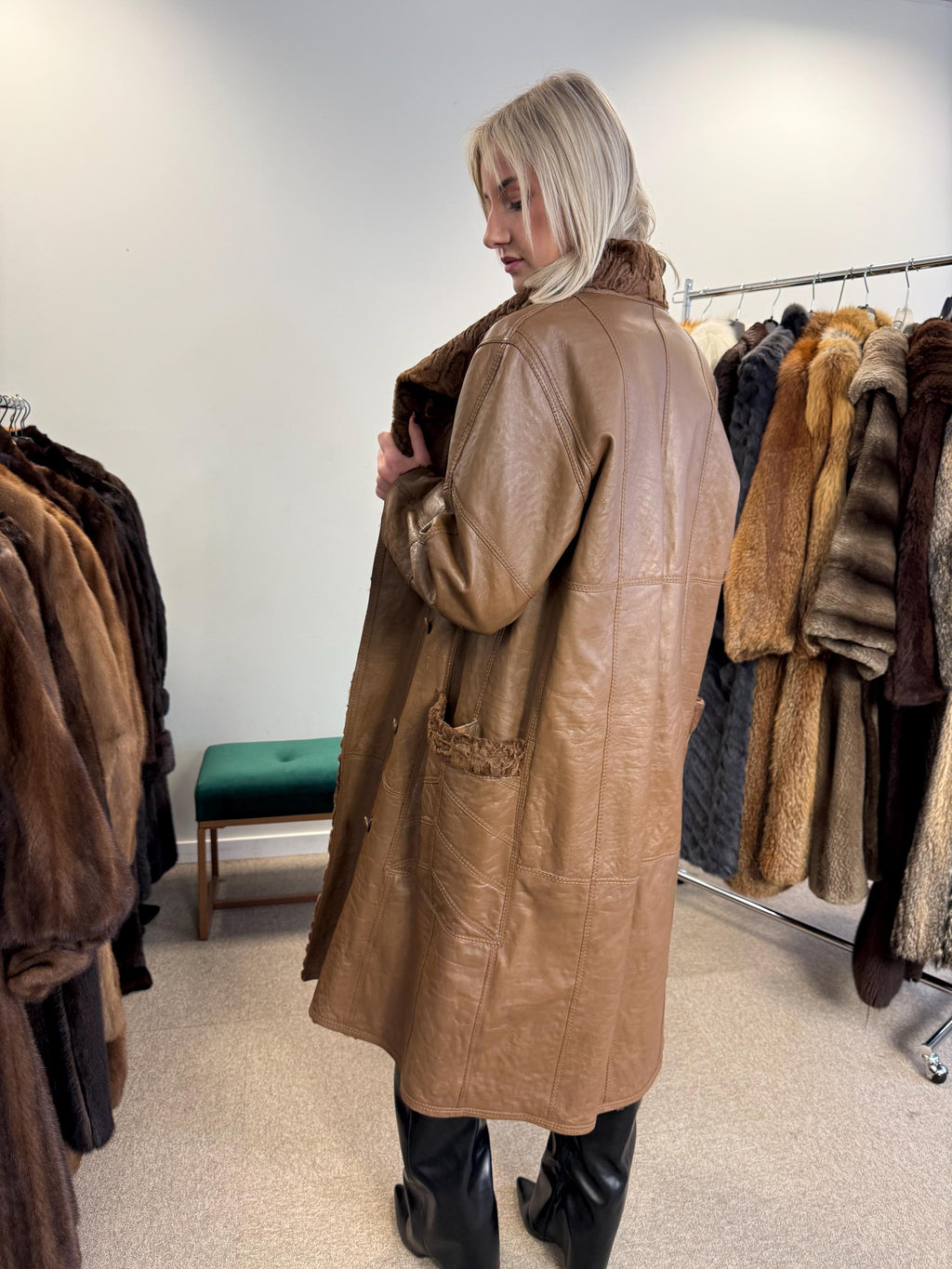 Green Astrakhan Leather Coat, S Size, Double Sided Coat, Vintage Fur Coat, Real Fur Coat, Fur Leather Coat, Womens Fur Coat, Astrakhan Fur