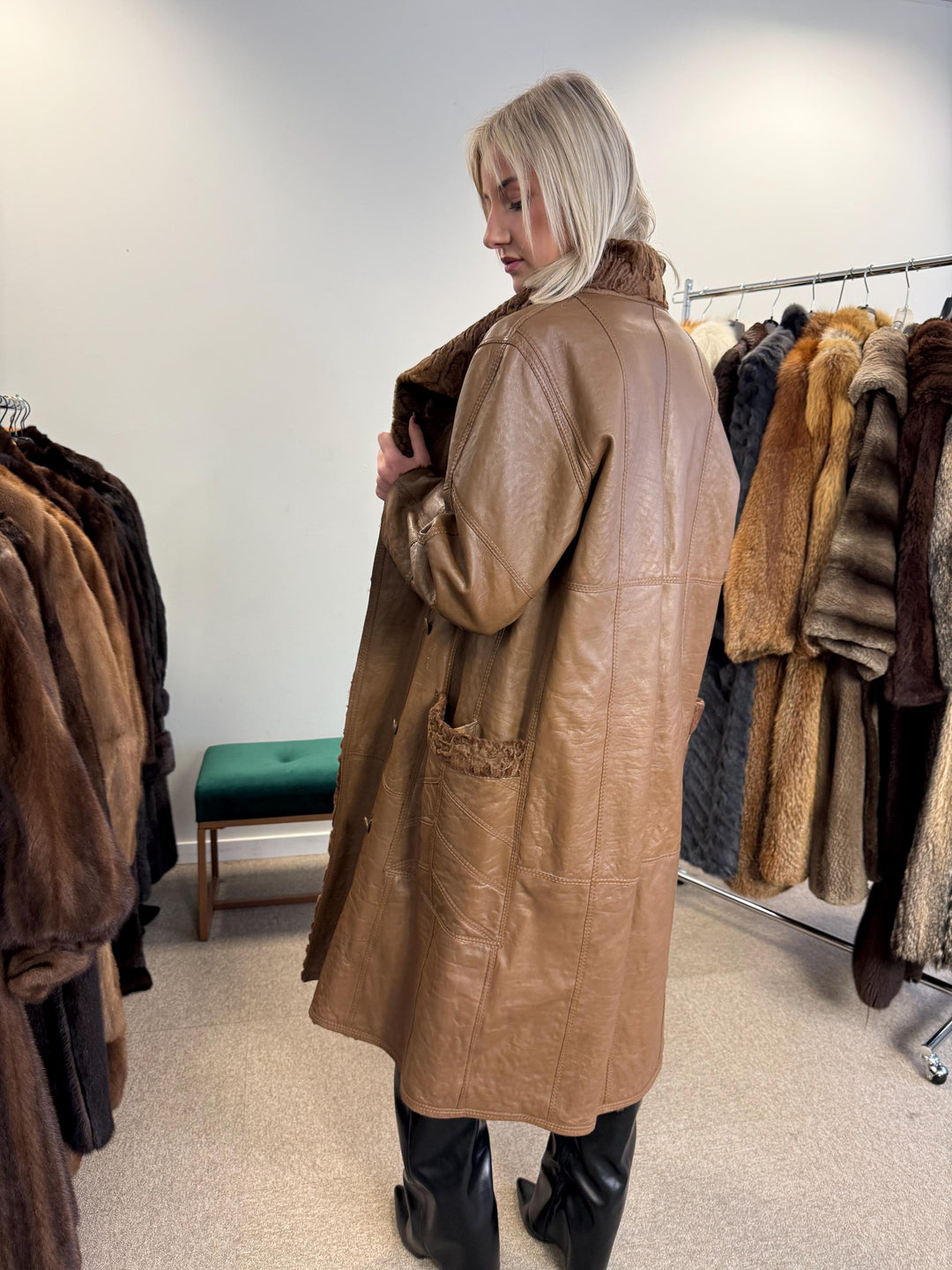 Green Astrakhan Leather Coat, S Size, Double Sided Coat, Vintage Fur Coat, Real Fur Coat, Fur Leather Coat, Womens Fur Coat, Astrakhan Fur