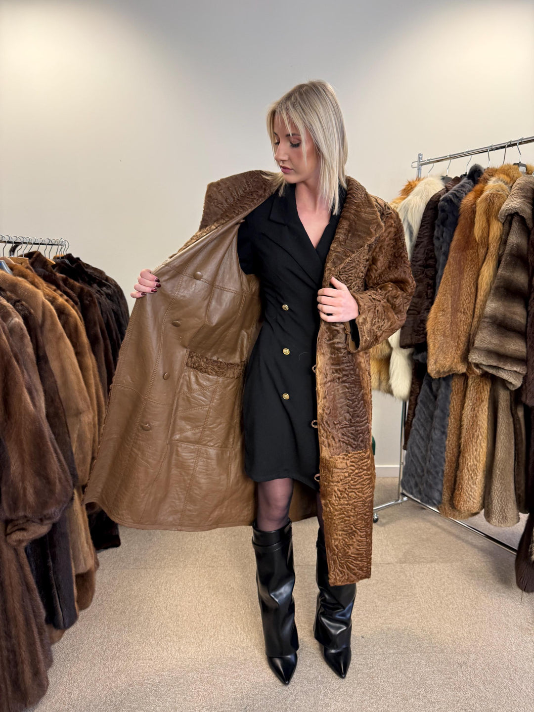 Green Astrakhan Leather Coat, S Size, Double Sided Coat, Vintage Fur Coat, Real Fur Coat, Fur Leather Coat, Womens Fur Coat, Astrakhan Fur