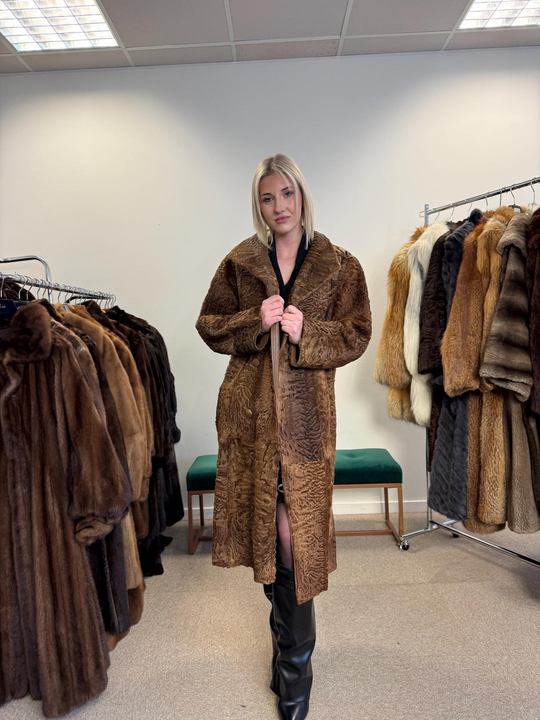 Green Astrakhan Leather Coat, S Size, Double Sided Coat, Vintage Fur Coat, Real Fur Coat, Fur Leather Coat, Womens Fur Coat, Astrakhan Fur