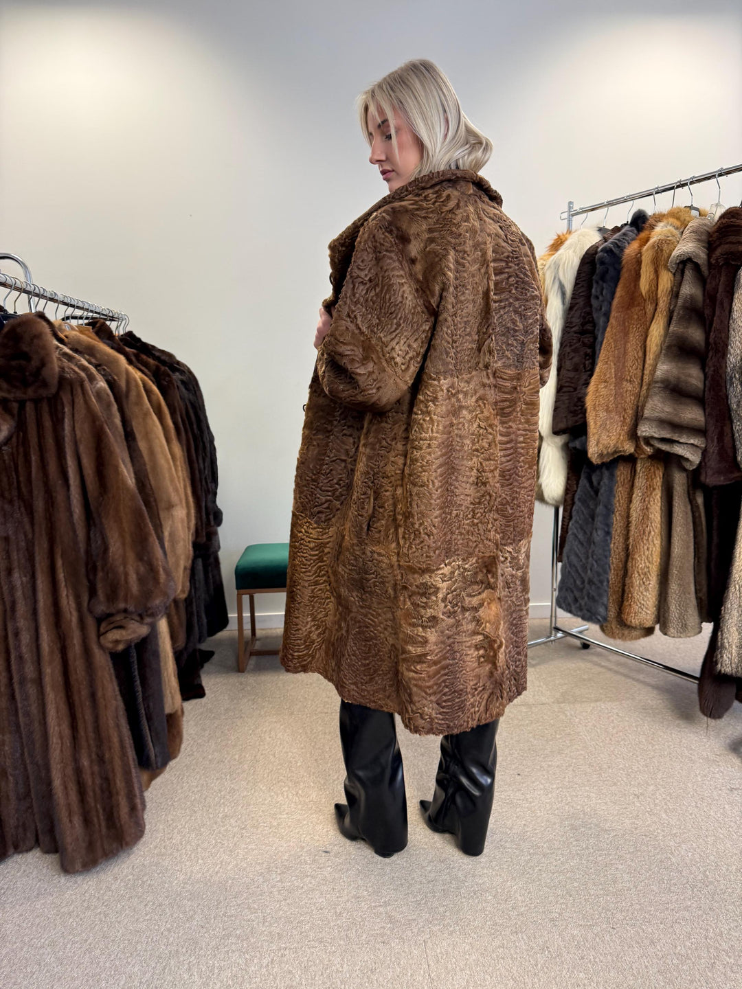 Green Astrakhan Leather Coat, S Size, Double Sided Coat, Vintage Fur Coat, Real Fur Coat, Fur Leather Coat, Womens Fur Coat, Astrakhan Fur