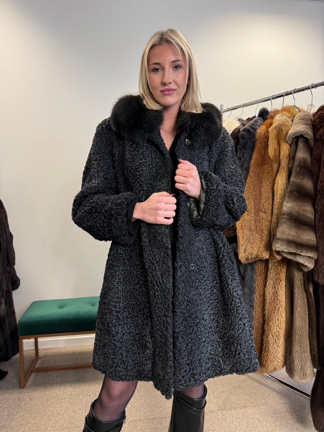 Astrakhan with Fox Fur Collar Coat, Medium Size, Real Fur Coat, Black Astrakhan Fur Coat, Vintage Fur Coat, Black Fur Coat, Fox Fur Collar