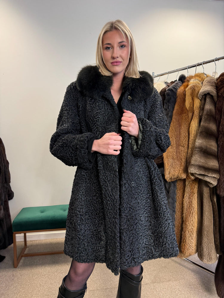 Astrakhan with Fox Fur Collar Coat, Medium Size, Real Fur Coat, Black Astrakhan Fur Coat, Vintage Fur Coat, Black Fur Coat, Fox Fur Collar