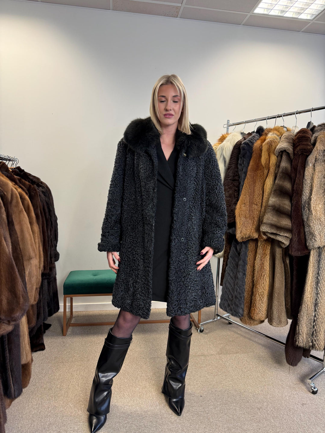 Astrakhan with Fox Fur Collar Coat, Medium Size, Real Fur Coat, Black Astrakhan Fur Coat, Vintage Fur Coat, Black Fur Coat, Fox Fur Collar
