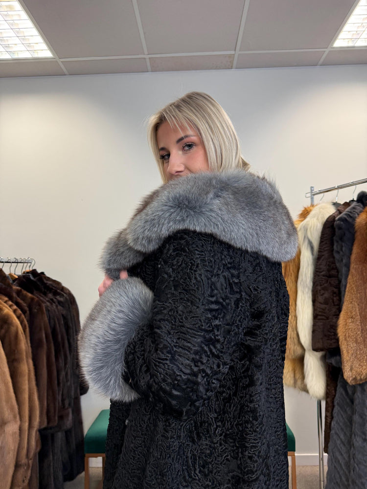 Black Astrakhan with Fox Fur Coat, Medium Size, Real Fur Coat, Astrakhan Fur Coat, Vintage Fur Coat, Black Fur Coat, Grey Fox Coat, Fox Fur