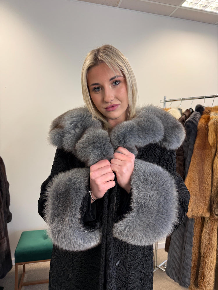 Black Astrakhan with Fox Fur Coat, Medium Size, Real Fur Coat, Astrakhan Fur Coat, Vintage Fur Coat, Black Fur Coat, Grey Fox Coat, Fox Fur