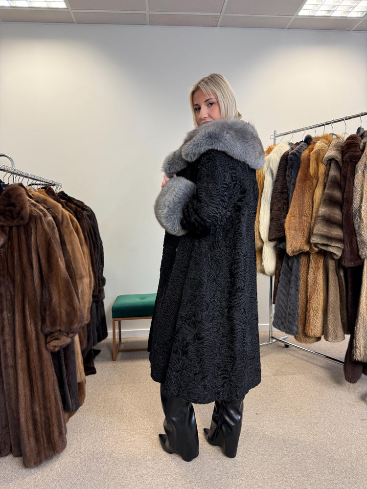 Black Astrakhan with Fox Fur Coat, Medium Size, Real Fur Coat, Astrakhan Fur Coat, Vintage Fur Coat, Black Fur Coat, Grey Fox Coat, Fox Fur